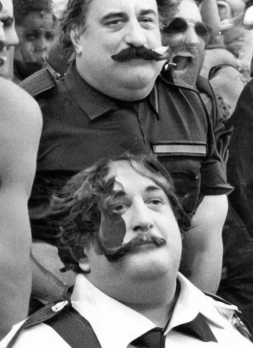 Image similar to a 1987 photo of a fat and bald Robert deniro with a mustache as a policeman, detailed