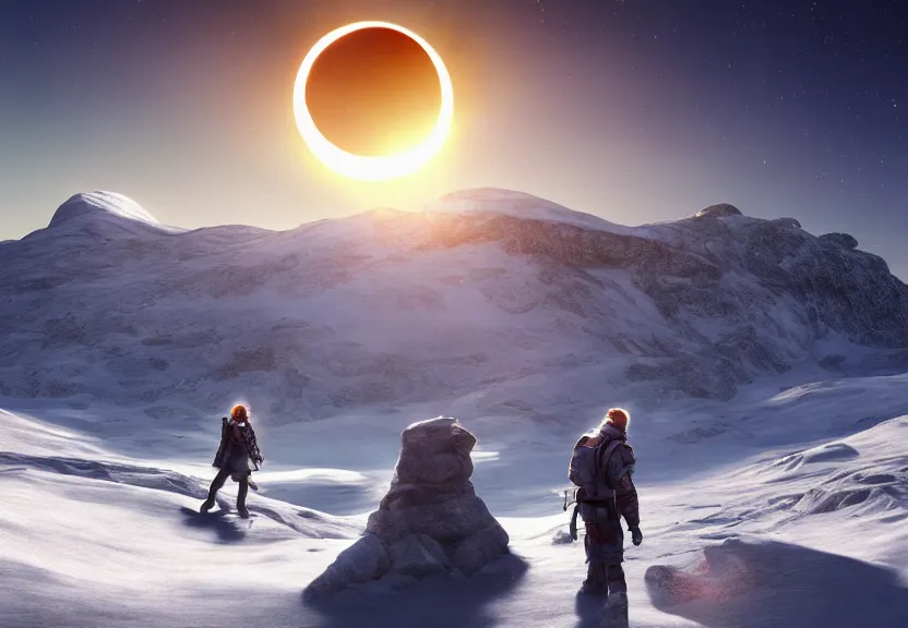 Image similar to fully photorealistic eclipse at sunrise on snowy aurora mountaintop, distant glowing figures, masterpiece composition, art by john collier, albert aublet, artem demura, alphonse mucha, sharper luminescent focus, nd 6, hdr, movie still, cinematic diffuse lighting, artstation, textless, sharp focus