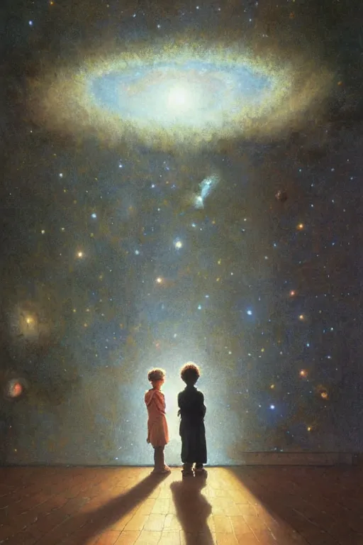 Image similar to a 1 5 year old boy and 2 year old girl looking at a wall and viewing the universe full of galaxies, part by norman rockwell, part by greg rutkowski, part by mattias adolfsson, high angle, ( ( ( ( volumetric lighting ) ) ) ), oil on canvas