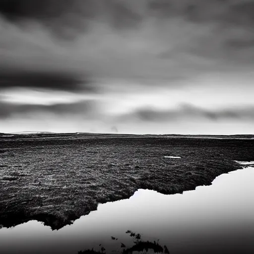 Image similar to a ww 2 photo of a battlefield in iceland. grainy, black and white, overcast sky.