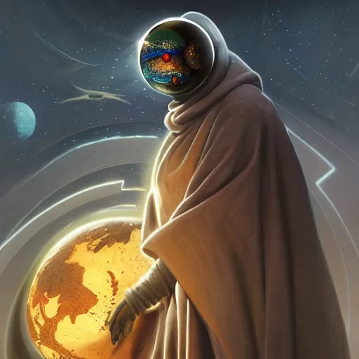 Image similar to masked nomad male wearing a cloak on an alien world and holding a holographic planet projection in his hand, detailed, sci - fi, digital painting, artstation, sharp focus, illustration, ominous, artgerm, tomasz alen kopera, peter mohrbacher, donato giancola, joseph christian leyendecker, wlop, frank frazetta