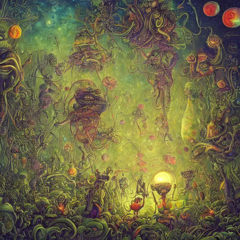 Prompt: painting of aliens in a garden at night by hannah yata and r. s. connett. highly detailed digital art. 3 d perspective. sharp focus. trending on artstation