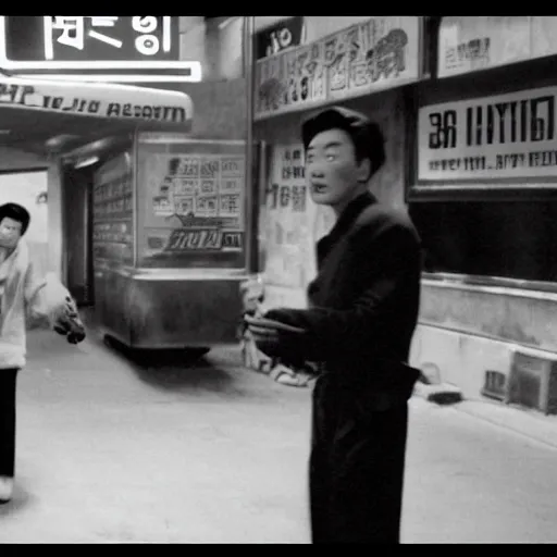 Prompt: 1950s Korean thriller film noir, kaiju-eiga, 35mm film, Cooke Varotal 20-100 T3.1