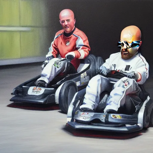 Image similar to oil painting of Walter White and Jesse Pinkman go-karting