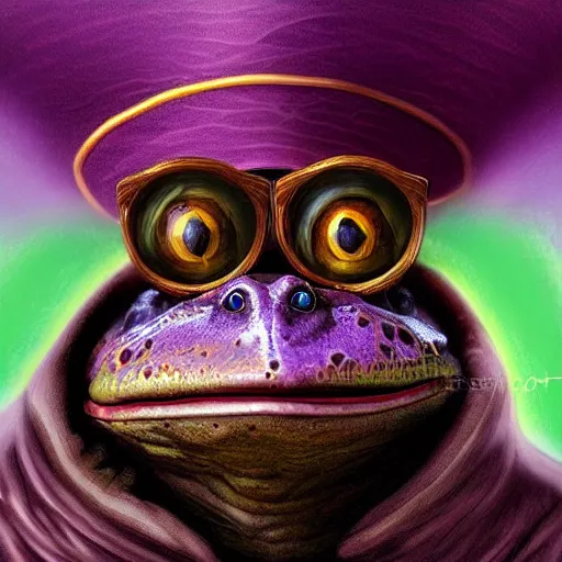 Prompt: A professional digital portrait painting of a frog wizard, painted in the style Arcane, 4k, digital art, trending on cgsociety, highly detailed, upper body shot, shallow depth of field, purple and yellow lighting, professional lighting, airbrush