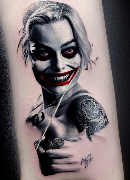 Prompt: tattoo design of beautiful margot robbie slightly smiling with joker makeup on the mouth and holding ace card, in the style of den yakovlev, realistic face, black and white, realism tattoo, hyper realistic, highly detailed