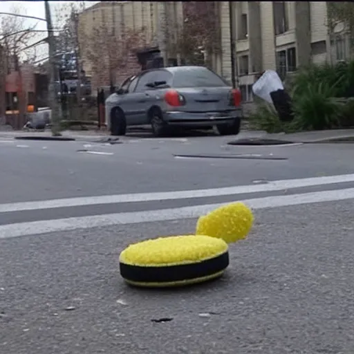 Prompt: SpongeBob round pants got hit by a car