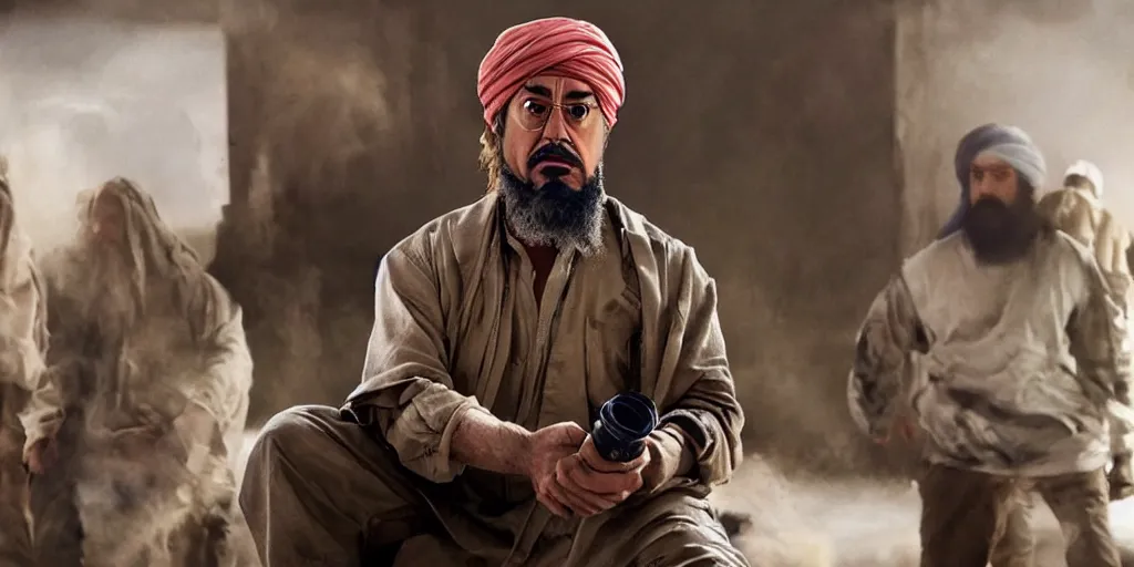 Prompt: Robert Downey Jr. as Osama Bin Laden in 'Big Bin' (2025), movie still frame, oscar nominated cinematography, volumetric lighting, 8k resolution, beautiful composition