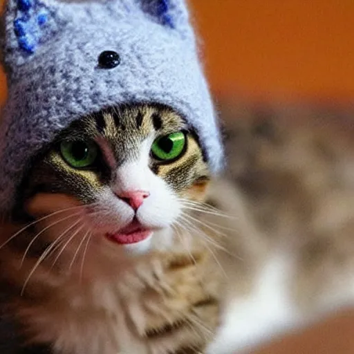 Image similar to cute cat photo, wearing wool hat, tongue mlem, cat ears