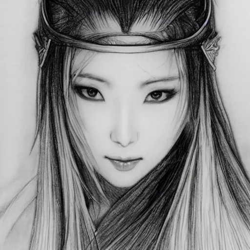 Image similar to a drawing of a woman looks like chinese actress bingbing fan, with long white hair, a character portrait by yoshitaka amano, featured on pixiv, fantasy art, official art, androgynous, anime