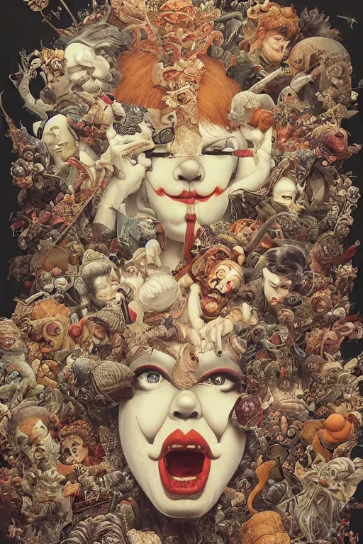 Image similar to 🤡 🤤, principal of art, dynamic lighting, depth details, intricate, asymmetric, proportion, balance, unity, extremely highly detailed, by bambang nurdianshyah, garis edelweiss, roby dwi antono and ayami kojima, takato yamamoto, barclay shaw, karol bak, yukito kishiro, norman rockwell