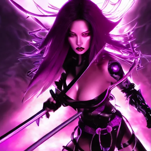 Image similar to ultra realistic, hyper realistic gorgeous goth psylocke fighting army of demons with a samurai sword, physical based render, cinematography, octane, photorealistic, gorgeous, symmetrical, unreal engine