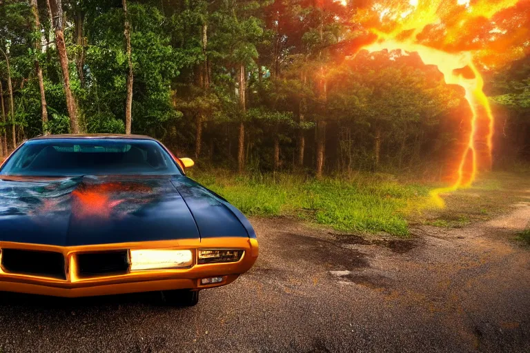 Prompt: pontiac firebird with glowing paint, sunrise, eerie light, fireflies, dramatic, cinematic, forest, sunbeams, volumetric lighting, wide shot, low angle, lightning hitting the car