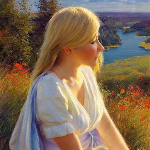 Prompt: blonde woman watching over the swedish countryside, archipelago, morning, masterpiece, highly detailed, beautiful, atmospheric, impressionism, painting by Vladimir Volegov