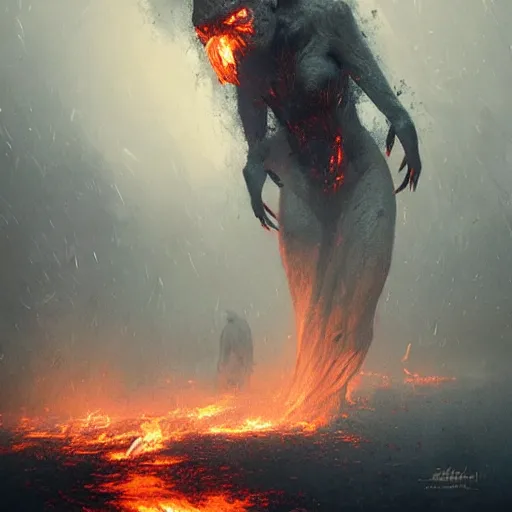 Image similar to a beautiful terrifying monster of ash and smoke, eyes and mouth glowing like burning embers. ethereal horror fantasy art by greg rutkowski