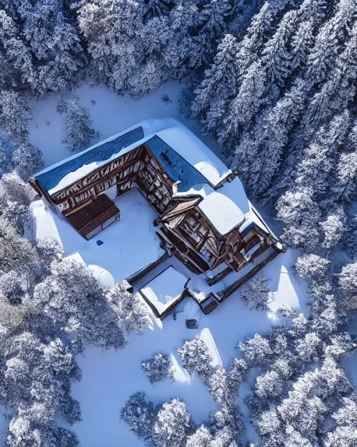 Prompt: hidden mansion in the alps with snow covered roof, zoomed out, shot from drone, iphone capture