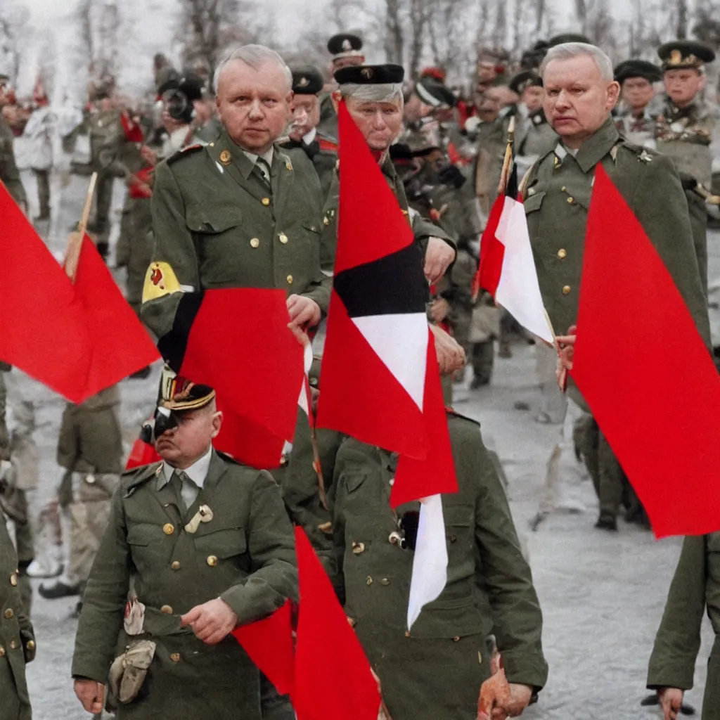 Image similar to Jaroslaw Kaczynski wearing a german uniform with a Polish flag on his left and a communist flag on his right