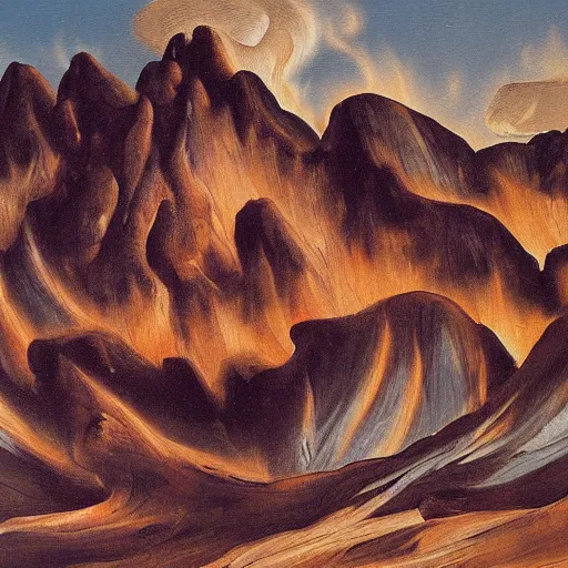 Image similar to oil painting of Fire Mountain by Szukalski