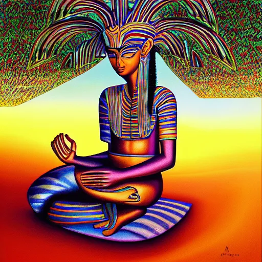 Image similar to painting of a Egyptian pharaoh meditating under a tree by Alex Grey, acrylic art, ethereal, soothing, somber, elegant, warm light, cozy, glows,