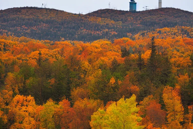 Image similar to a hill with a radio tower next to a pond, autumn hills in background. telephoto lens photography.