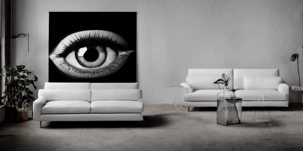 Image similar to photograph of a white leather couch with a huge photograph of a human eye on the wall behind it, ultra wide angle lens, hyperreal, super sharp photography