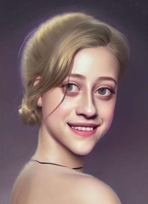 Image similar to portrait of lili reinhart with fluffy bangs, smiling kindly, bangs, 1 9 6 0 s, ponytail, curly bangs and ponytail, rounder face, intricate, elegant, glowing lights, highly detailed, digital painting, artstation, concept art, smooth, sharp focus, illustration, art by wlop, mars ravelo and greg rutkowski