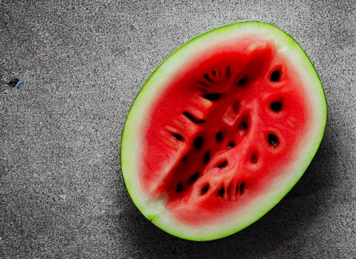 Prompt: photo still of a watermelon with human eyes and mouth, 8 k, studio lighting bright ambient lighting key light, 8 5 mm f 1. 8