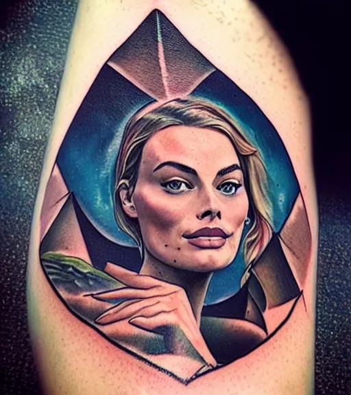 Prompt: tattoo design sketch of margot robbie and beautiful mountain scenery mash up, in the style of arlo dicristina, surrealist, amazing detail, sharp