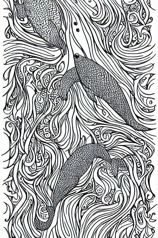 Prompt: dolphins, fractal, ink drawing, line art colouring page