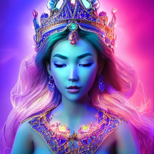 Image similar to photo of wonderful princess of sapphire with fair skin, she has her eyes closed, glowing, ornate and intricate blue jewelry, jaw dropping beauty, eyepopping colors, dynamic lighting, glowing background lighting, blue accent lighting, photorealistic, hyper detailed, award winning photography, 4 k octane render