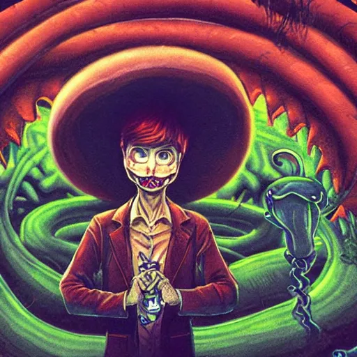 Image similar to A centered chest up portrait of a psychedelic demonic anthropomorphic snake smoking a hand-rolled cigarette smoking heavily , magic mushroom village in background , award winning. superb resolution. in the art style of junji Ito and greg rutkowski . Detailed Mushroom city in background. Hyper realistic anime. Perfect art. Dalle2