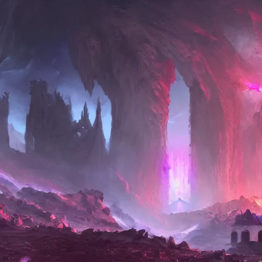Prompt: a still of a cloaked figure standing in the ruins of crux prime, destroyed monastery, purple fiery maelstrom in the distance, digital art, artstationhq