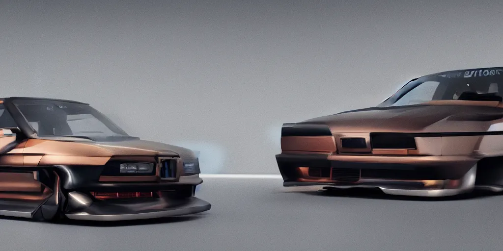 Prompt: a design of a futuristic bmw e30, designed by Polestar, blade runner background, stained antique copper car paint, black windows, sport car, dark show room, dramatic lighting, hyper realistic render, depth of field