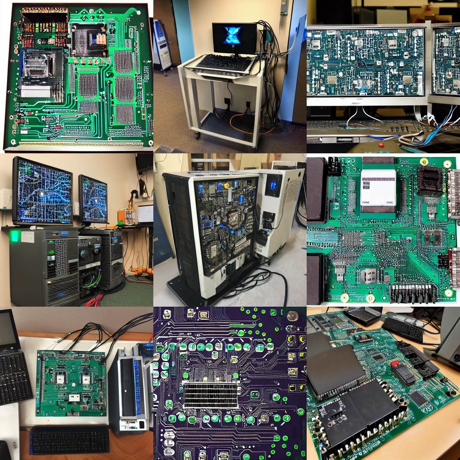 Prompt: big computer, wired up to circuit boards