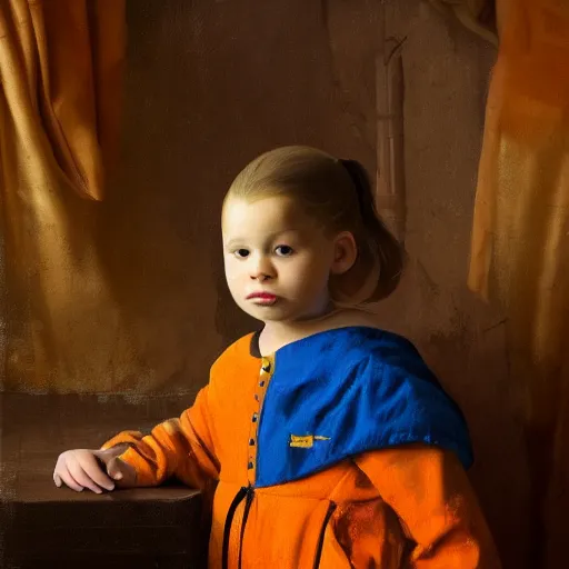 Image similar to a beautiful portrait of a young prince posing in an orange studio, realistic 4k UHD oil painting in the style of james gurney, greg rutkowski, and johannes vermeer