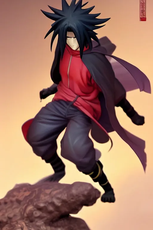 Image similar to still figurine of madara uchiha from naruto shippuden, highly detailed, digital painting, artstation, concept art, smooth, sharp focus, illustration, art by artgerm and greg rutkowski and alphonse mucha, beautiful composition