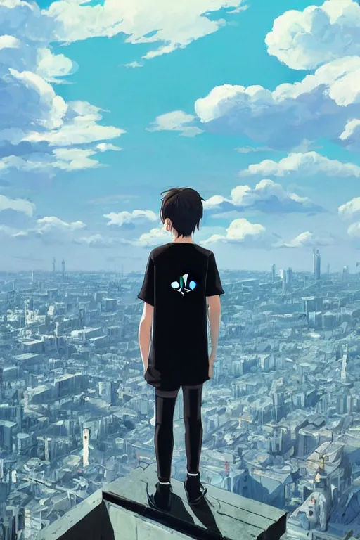 Image similar to Sad gopnik boy in black adidas sportswear looking atop of a urban plateau filled with soviet apartment buildings, summer, dreamy, beautiful clouds, birds in the sky, ultra detailed, beautiful lighting, wallpaper, cityscape, beautiful artwork by Makoto Shinkai