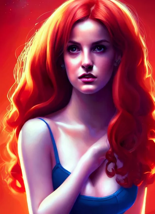 Image similar to full body portrait of teenage cheryl blossom, bangs, green eyes, mischievous expression, red hair, sultry smirk, bangs and wavy hair, intricate, elegant, glowing lights, highly detailed, digital painting, artstation, concept art, smooth, sharp focus, illustration, art by wlop, mars ravelo and greg rutkowski