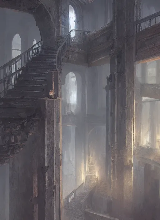 Image similar to painting of a stairway leading to two crosses, concept art by mathias kollros, cgsociety contest winner, fantasy art, concept art, matte drawing, matte painting