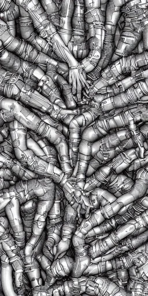 Image similar to closeup of beautiful human bodies intertwined, greebles, highly detailed, hyperrealism