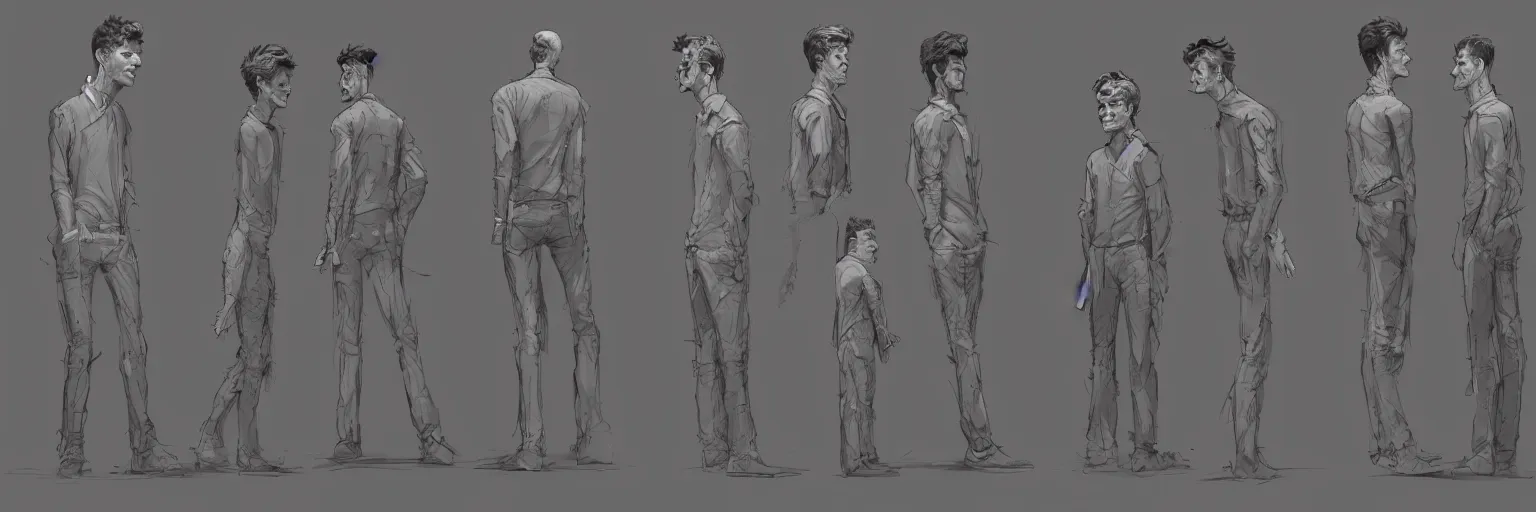 Image similar to character study of julian lage and andrew garfield, innocent, naive, character sheet, fine details, concept design, contrast, kim jung gi, greg rutkowski and francis bacon, trending on artstation, 8 k, full body and head, turnaround, front view, back view, ultra wide angle