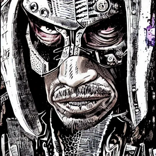 Image similar to danny trejo as a cyberpunk executioner, hyperdetailed, art by philippe druillet