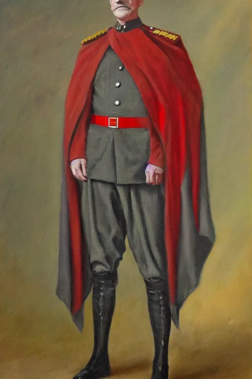 Image similar to ww 1 general wearing drab grey uniform, long red heroic cape with green trim on his back, oil on canvas