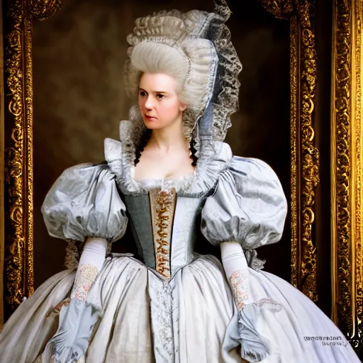 Prompt: marie antoinette in versailles, wow 4 k detail fantasy, matte painting, realistic materials, photo realistic, postprocessing, cinematic, hyperrealistic, studio lighting, ekaterina, the tudors, photography by richard jenkins