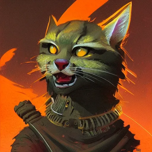 Prompt: a tabaxi!! samurai with dark orange fur and dark green glowing eyes, medium shot!, character illustration by Moebius! artstation, character concept art, John Berkey, Michael Whelan