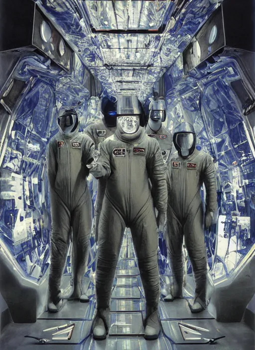 Image similar to astronauts in dark and empty mirrored room - complex and hyperdetailed technical suit. reflection and dispersion materials. rays and dispersion of light. volumetric light. 5 0 mm, f / 3 2. noise film photo. flash photography. ultra realistic, wide angle. poster by wayne barlowe, hajime sorayama aaron horkey, craig mullins