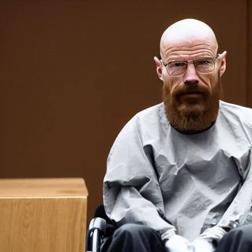 Image similar to walter white with a rough beard, wearing an oxygen mask, sitting in a wheelchair in a courtroom.