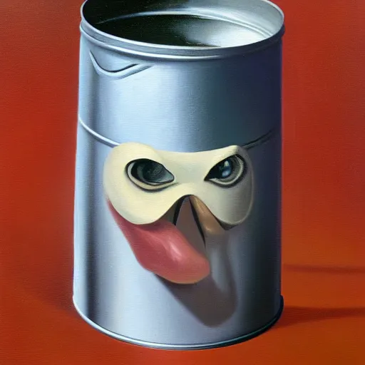 Image similar to a tin can with a face, opening its mouth, surrealist oil painting