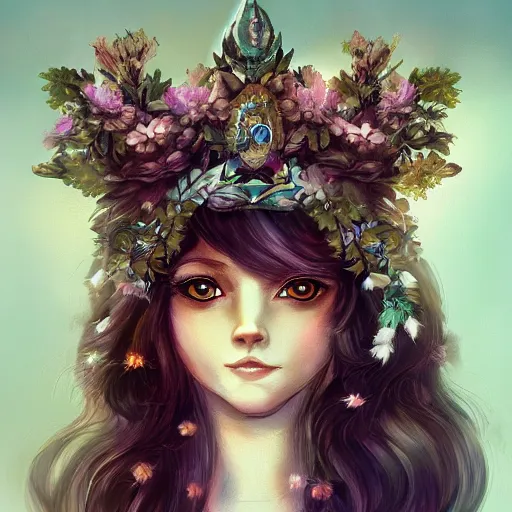 Image similar to portrait of a fox wearing a tiara wreath flowers, fantasy art, d & d, trending on artstation deviantart, beautiful art, highly detailed