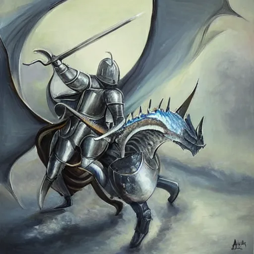 Prompt: a knight in shining armor fighting a large dragon, modern painting trending on artstartion